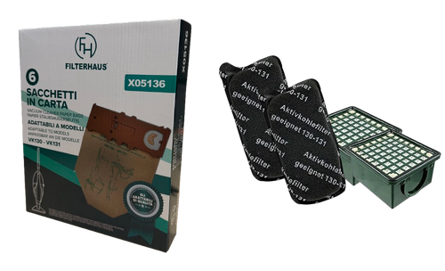 Kit Base compatibile per Folletto VK 130/131 - 6 Sacchetti + 2 Filtri