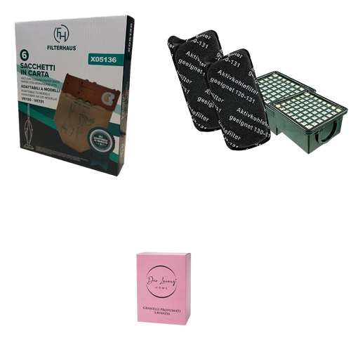 Kit Completo compatibile per Folletto VK 130/131 - 6 Sacchetti + 2 Filtri + Profumo