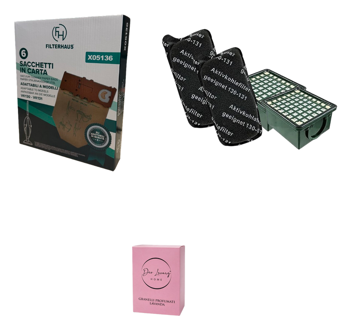 Kit Completo compatibile per Folletto VK 130/131 - 6 Sacchetti + 2 Filtri + Profumo