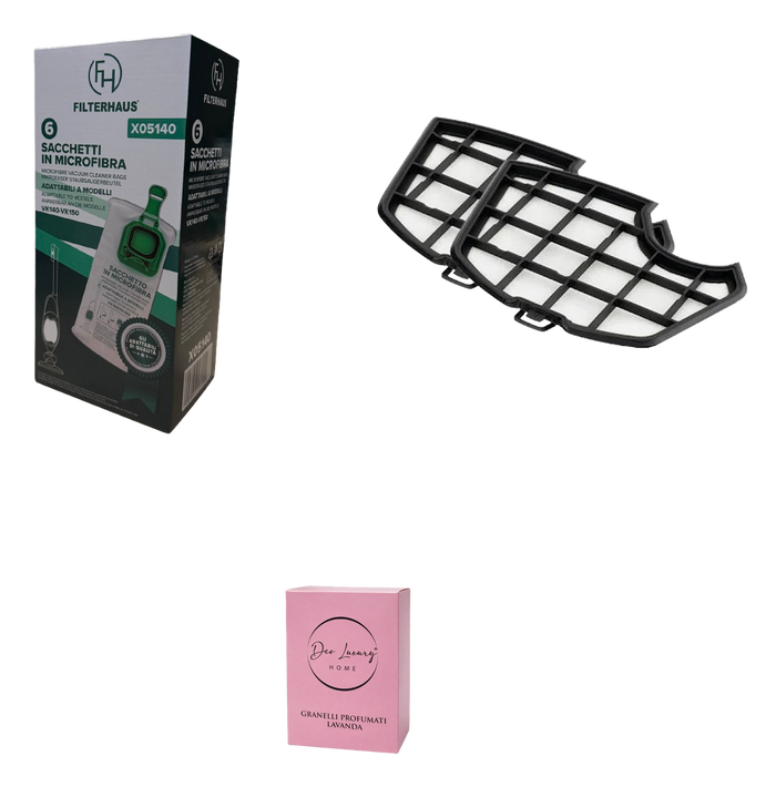 Kit Completo compatibile per Folletto VK 140/150 - 6 Sacchetti + 2 Filtri + Profumo