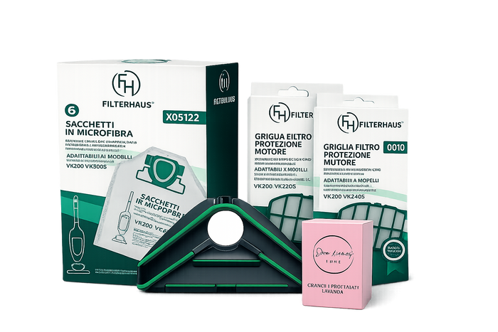 Kit Completo Plus compatibile per Folletto VK 200/220S - Sacchetti + Filtri + Profumo + Sottospazzola